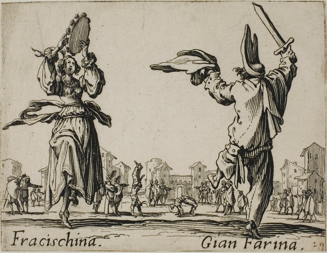 Fracischina - Gian Farina, plansch 17 från Balli di Sfessania av Jacques Callot