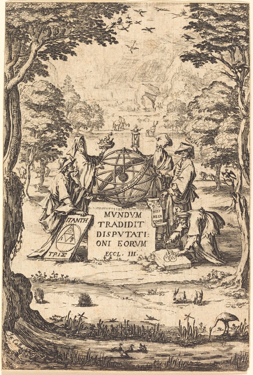 Frontispice för Sacred Cosmologia-titeln med astrologer. av Jacques Callot