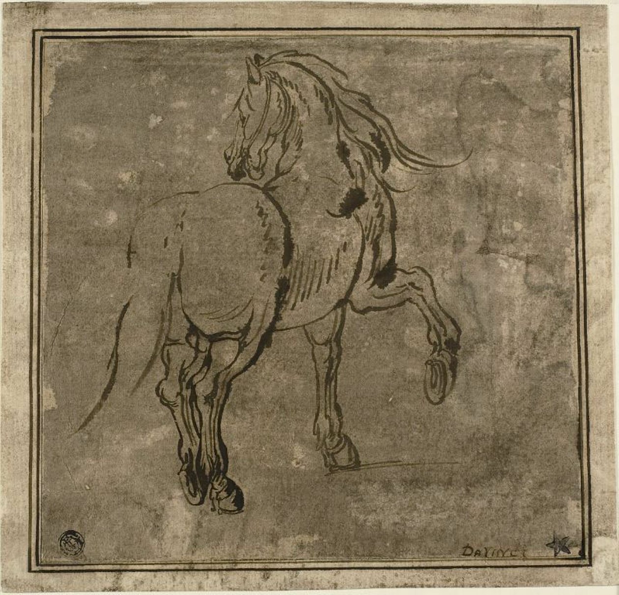 Häst, sedd tre fjärdedelar bakifrån av Jacques Callot