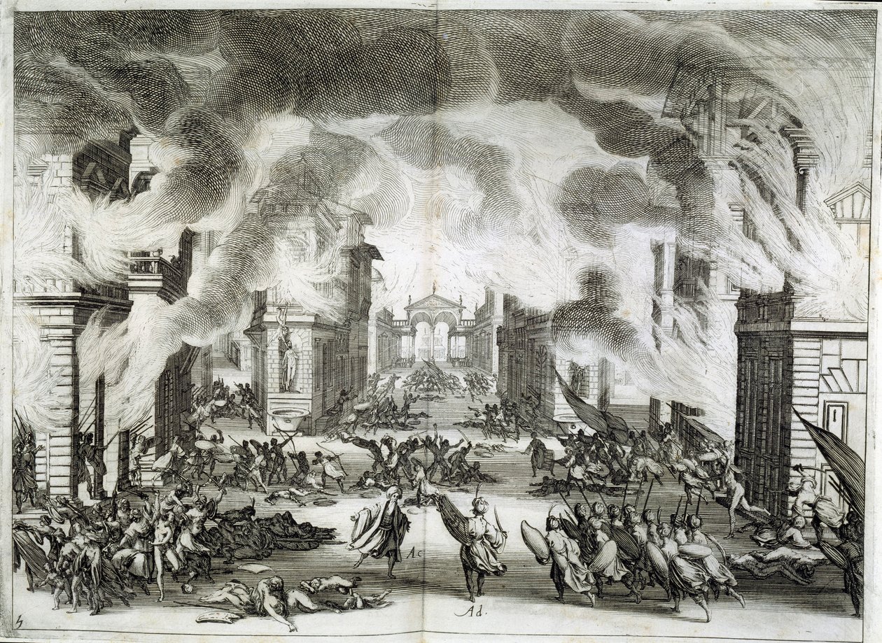 Illustration av pjäsen "Soliman" (Il Solimano). Tragedi av Prospero Bonarelli, Akt V, Scen V, 8 december av Jacques Callot