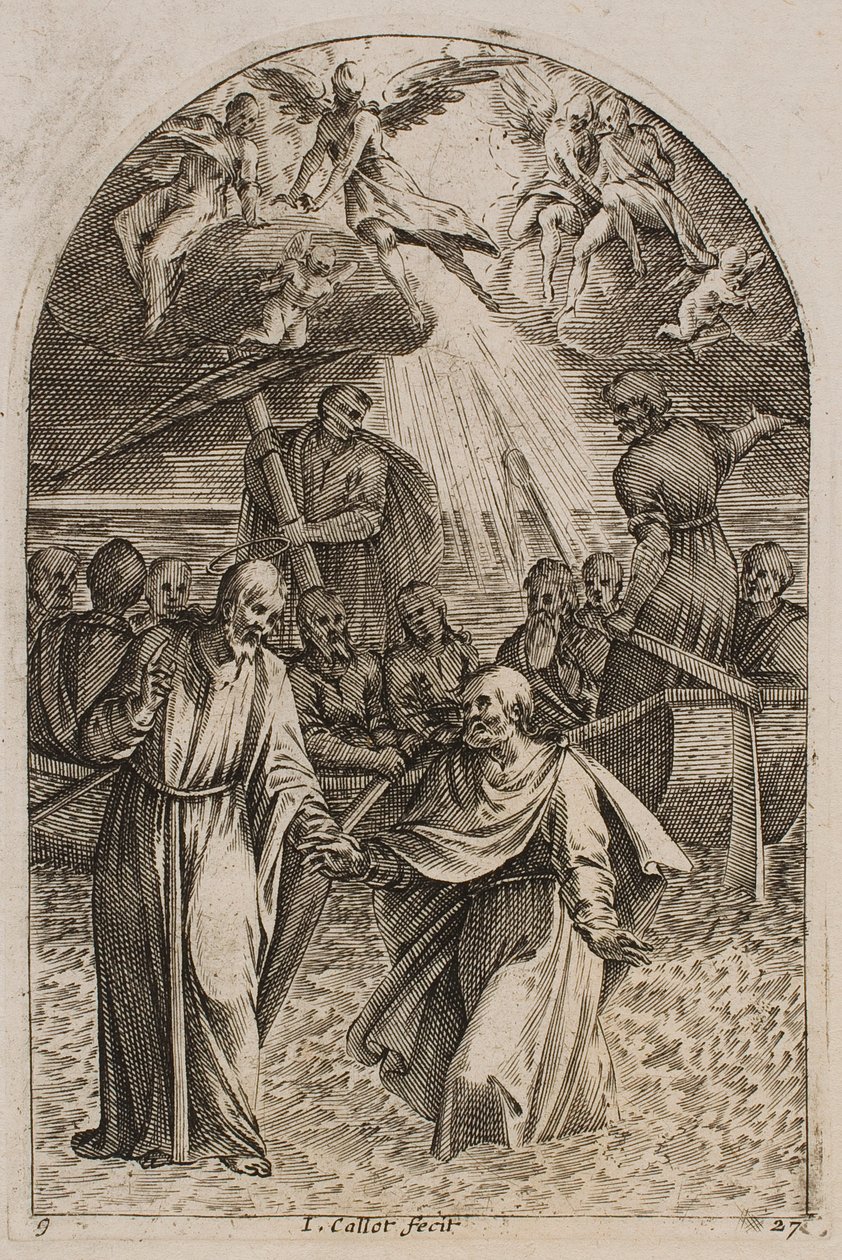 Jesus och Sankt Petrus går på vattnet, ur serien ”Bilder från Rom” av Jacques Callot