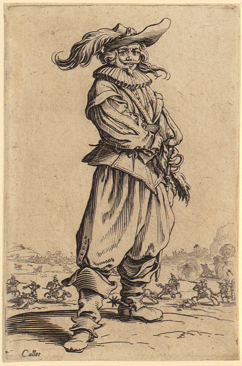 Krigare med den stora fjäderhatten, blad 3 ur serien "Adeln" av Jacques Callot