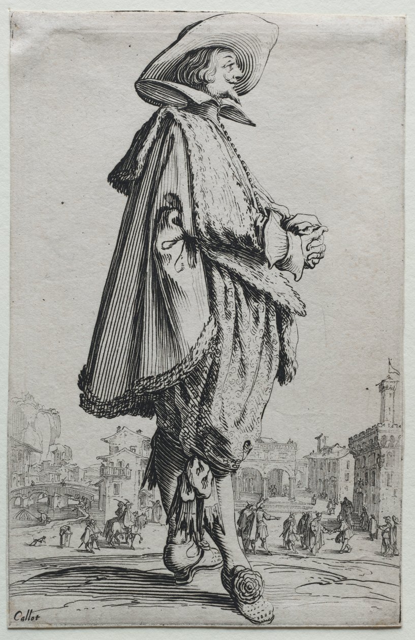 La Noblesse: Gentleman som står i profil med knäppta händer av Jacques Callot