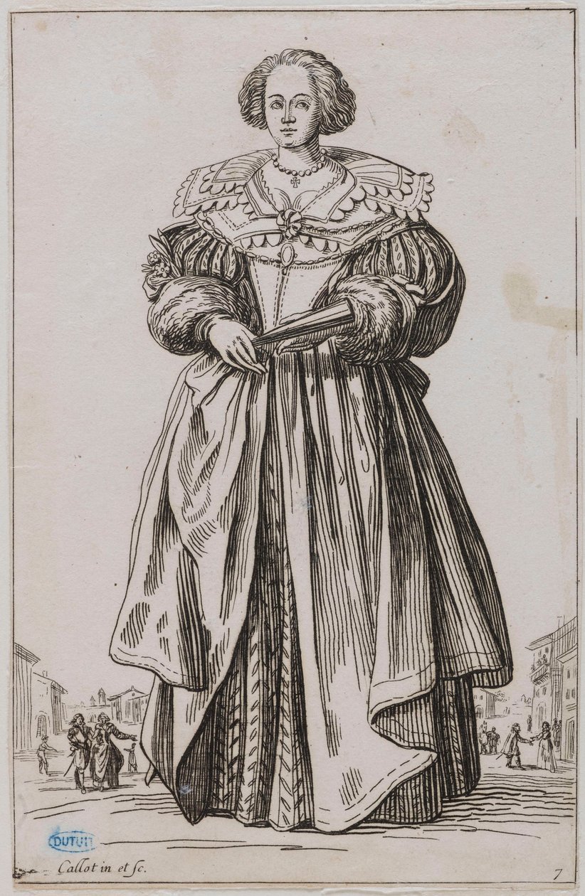 Adeln, Damen med solfjädern. Nionde stycket i en serie om 12 stycken (Lieure 557, Meaune 683) av Jacques Callot