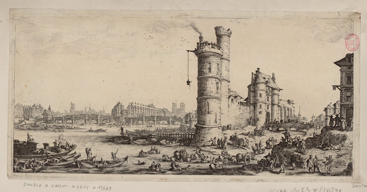 Nesletornet och vy över Pont-Neuf av Jacques Callot
