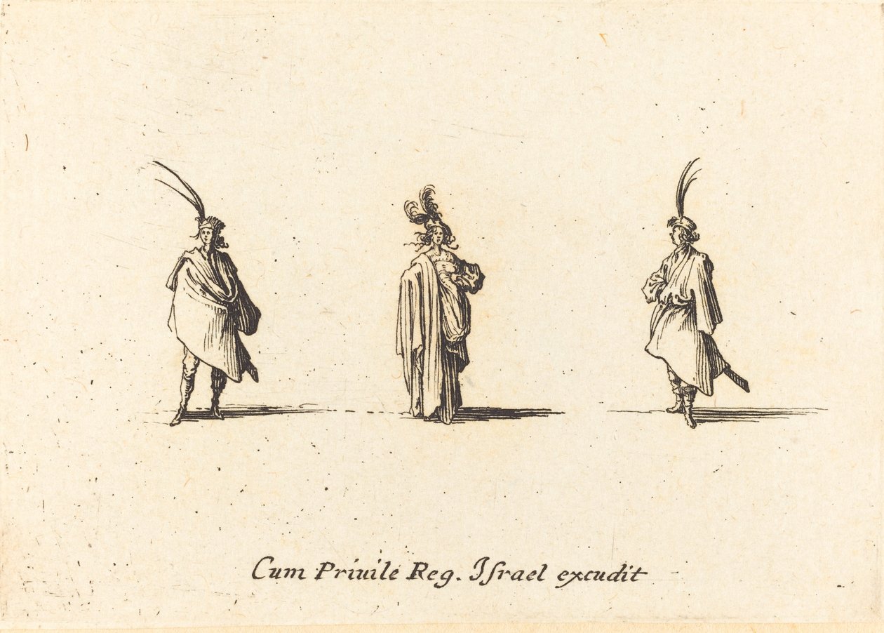 Dam i lång mantel och två herrar av Jacques Callot