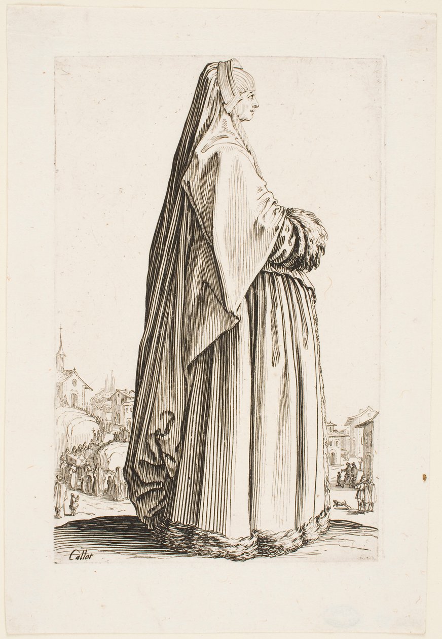 Dam i lång slöja och en pälsklippt klänning, från serien "The Nobility of Lorraine" av Jacques Callot