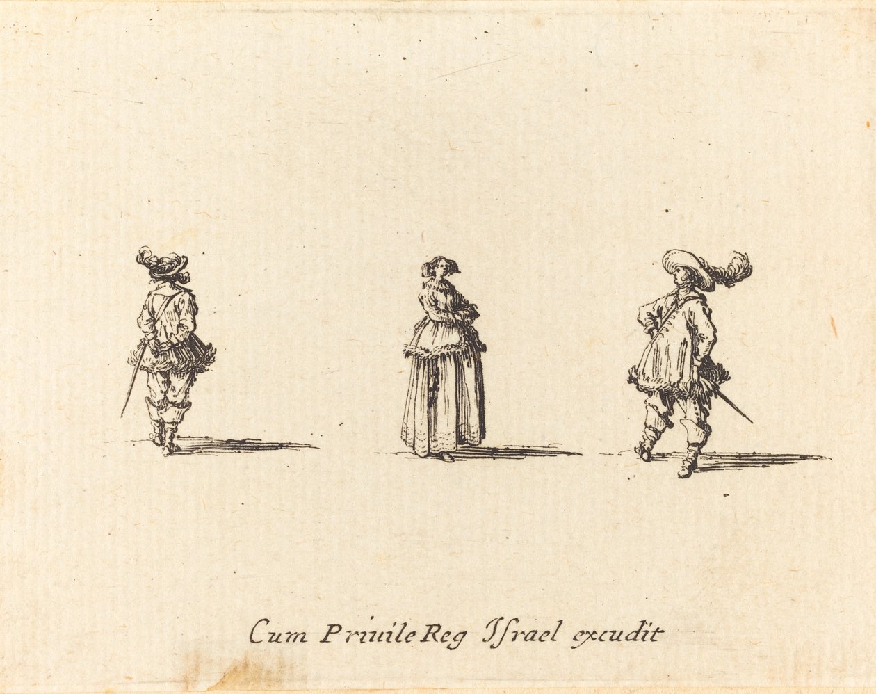 Dam med armarna i kors och två herrar av Jacques Callot