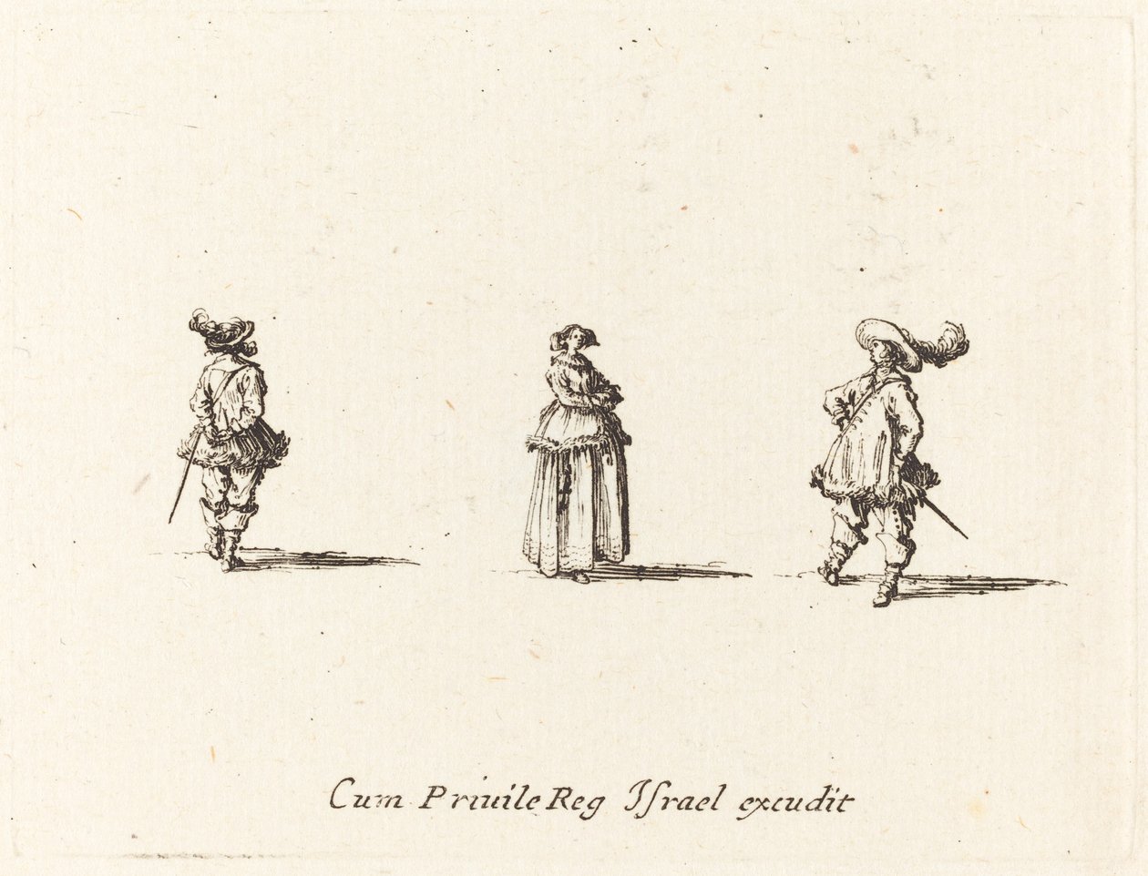 Dam med armarna i kors och två herrar av Jacques Callot