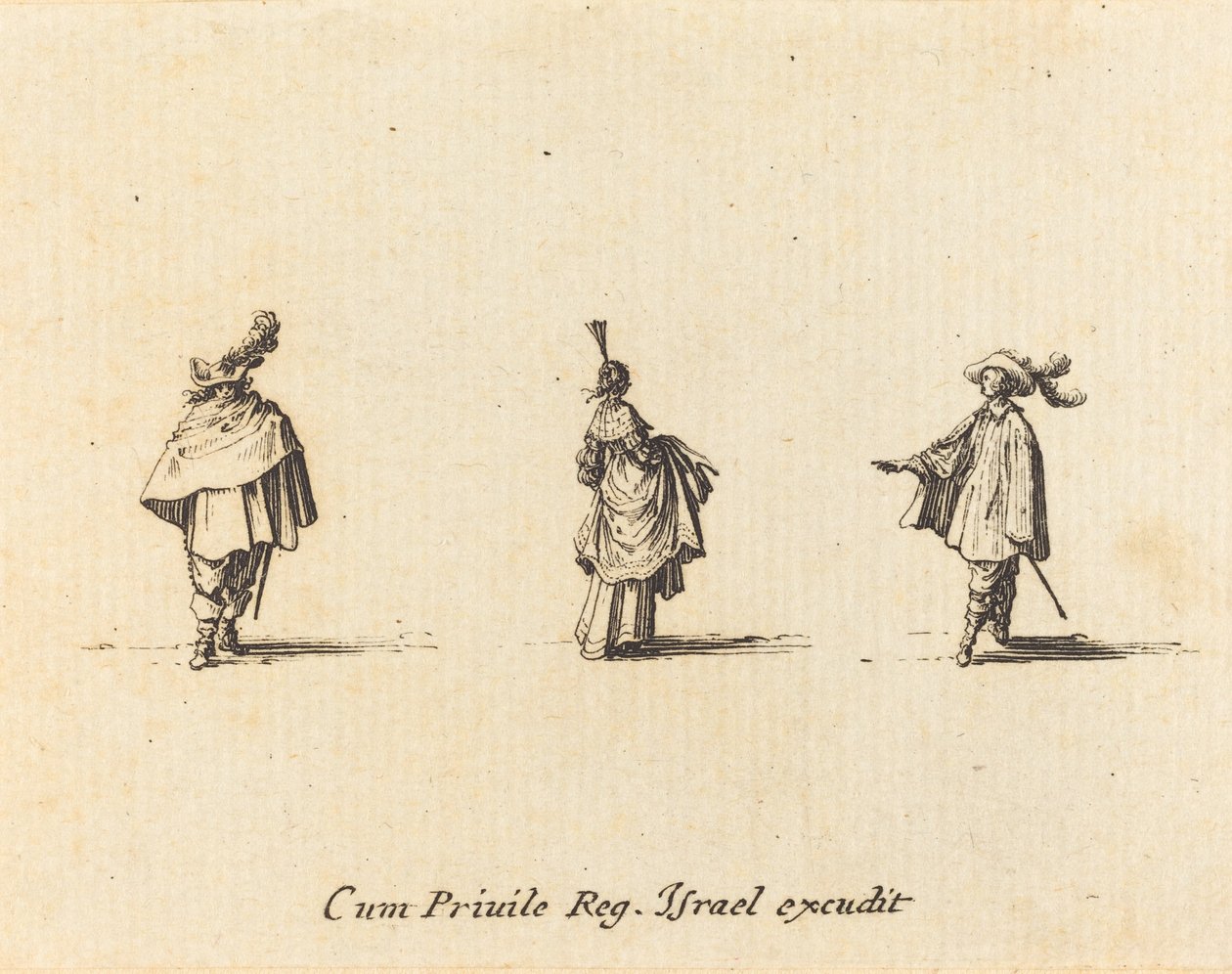 Dam med klänning samlad och två herrar av Jacques Callot