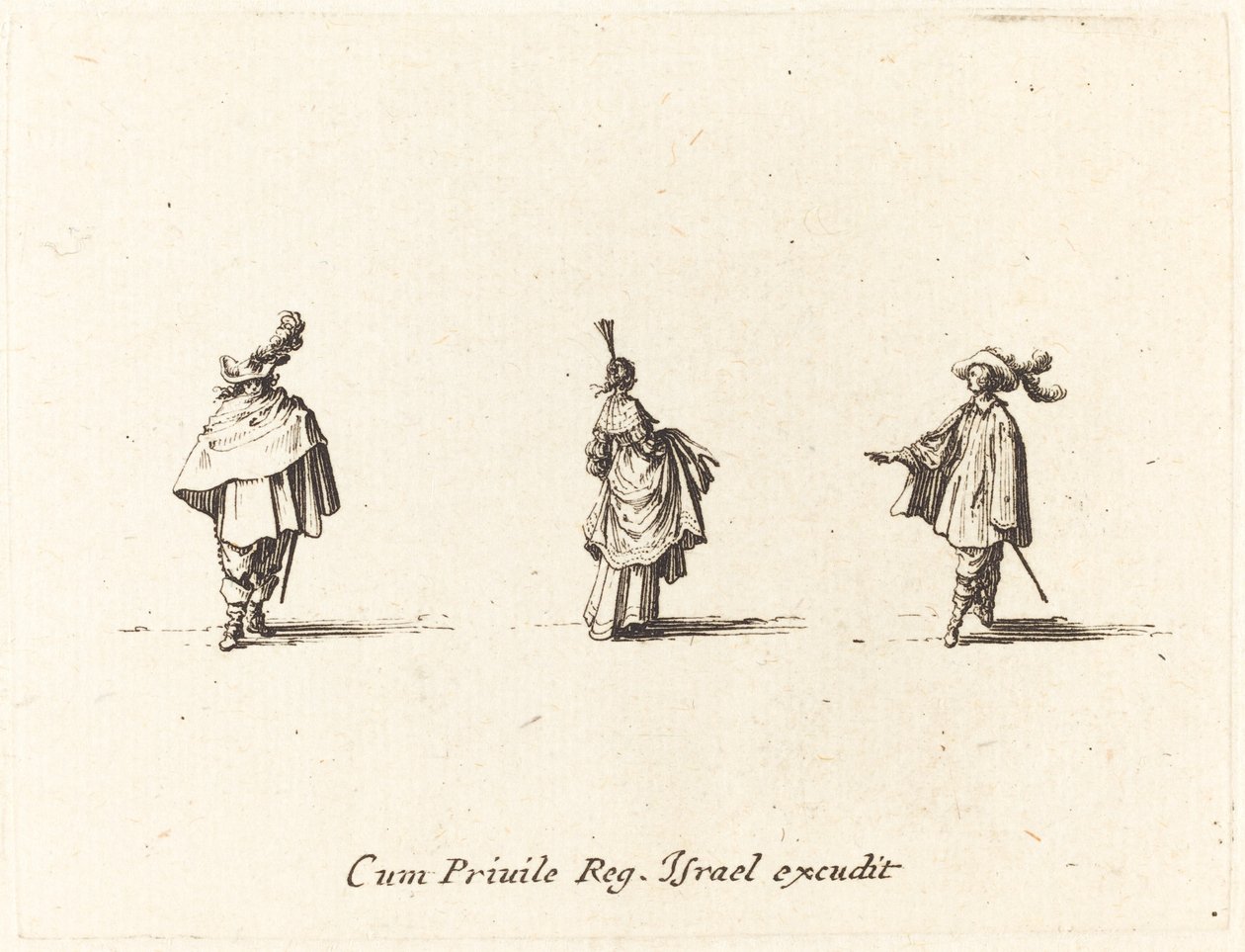 Dam med klänning samlad och två herrar av Jacques Callot