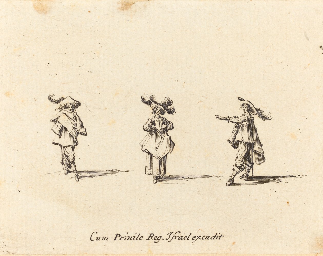 Dam med stora plymer och två herrar av Jacques Callot