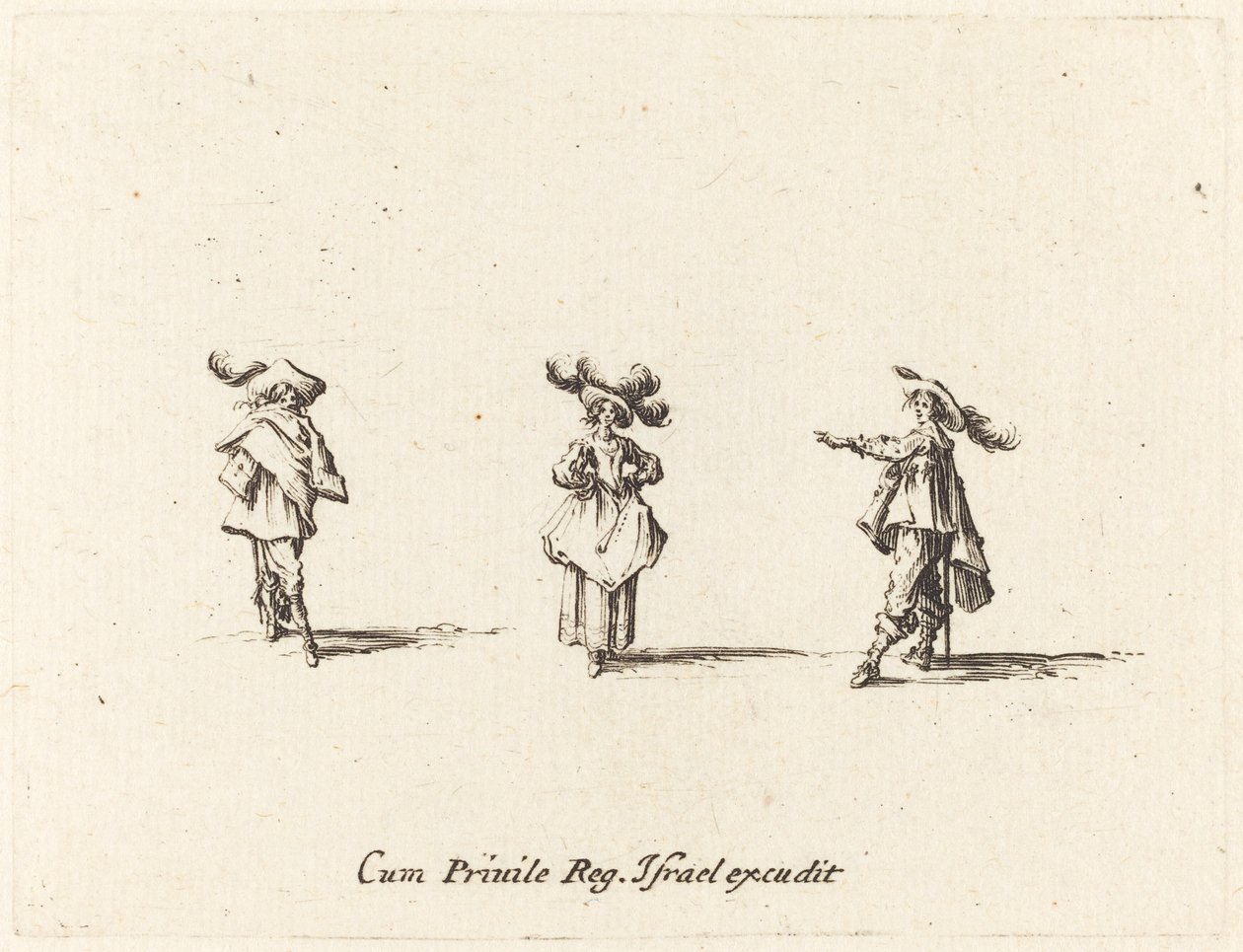 Dam med stora plymer och två herrar av Jacques Callot