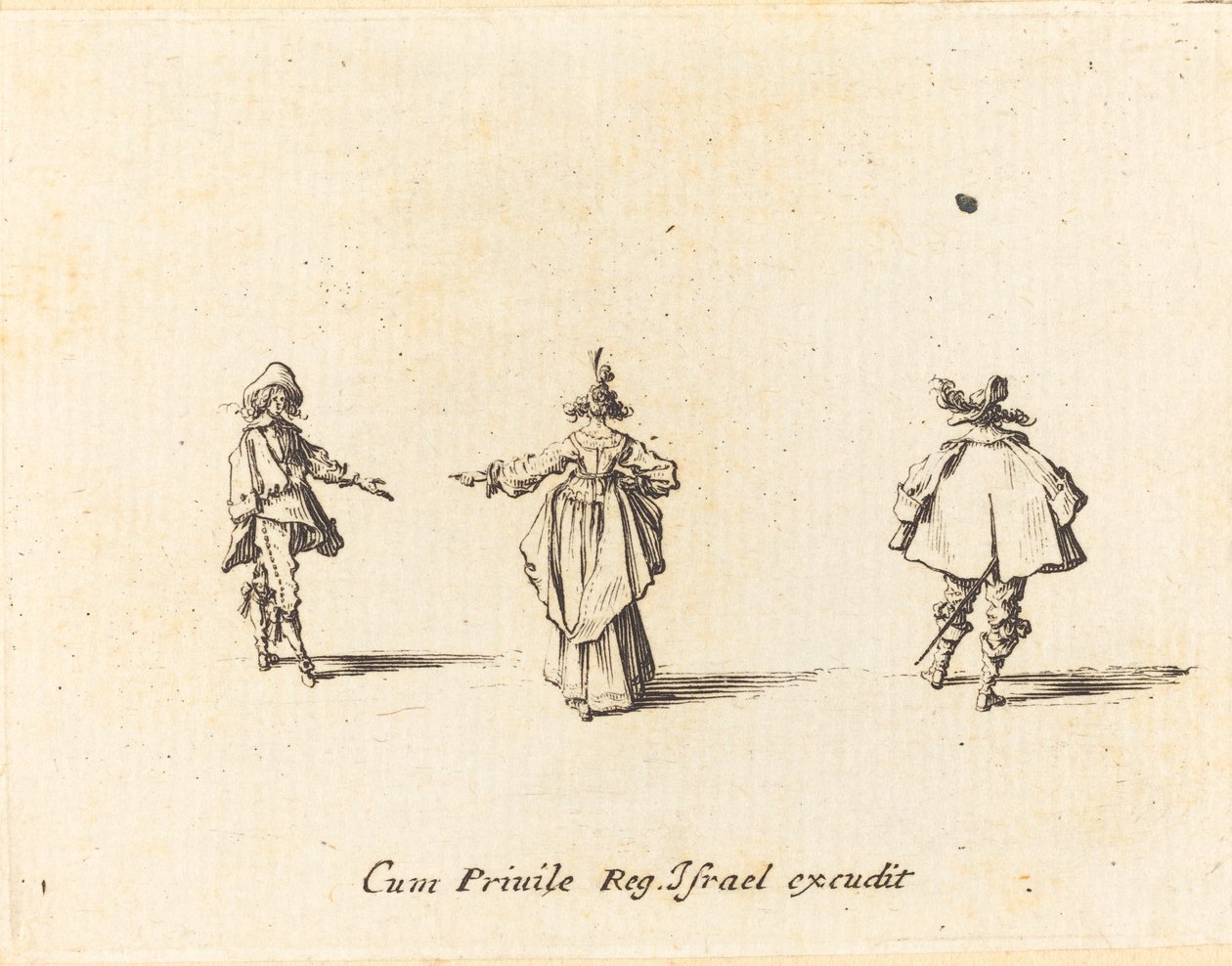 Dam med utsträckt arm, sedd bakifrån, och två herrar av Jacques Callot