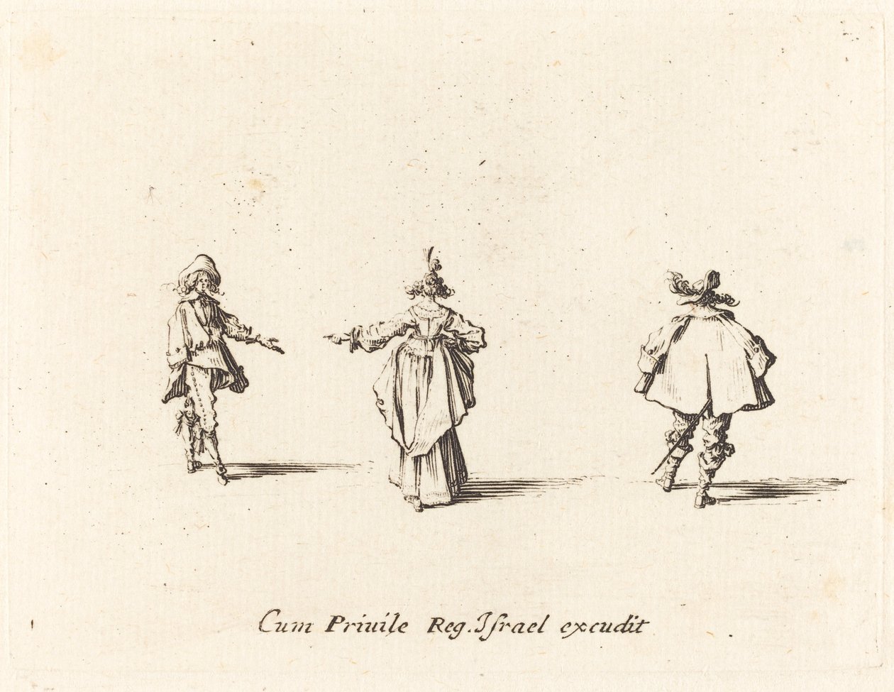 Dam med utsträckt arm, sedd bakifrån, och två herrar av Jacques Callot