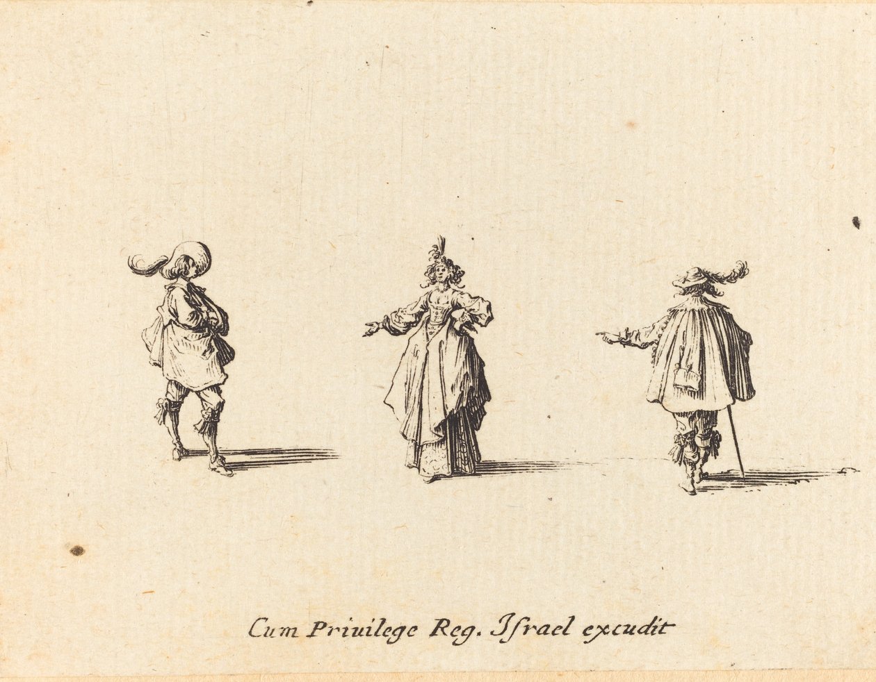 Dam med utsträckt arm och två herrar av Jacques Callot