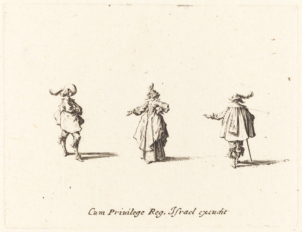 Dam med utsträckt arm och två herrar, troligen 1634. av Jacques Callot