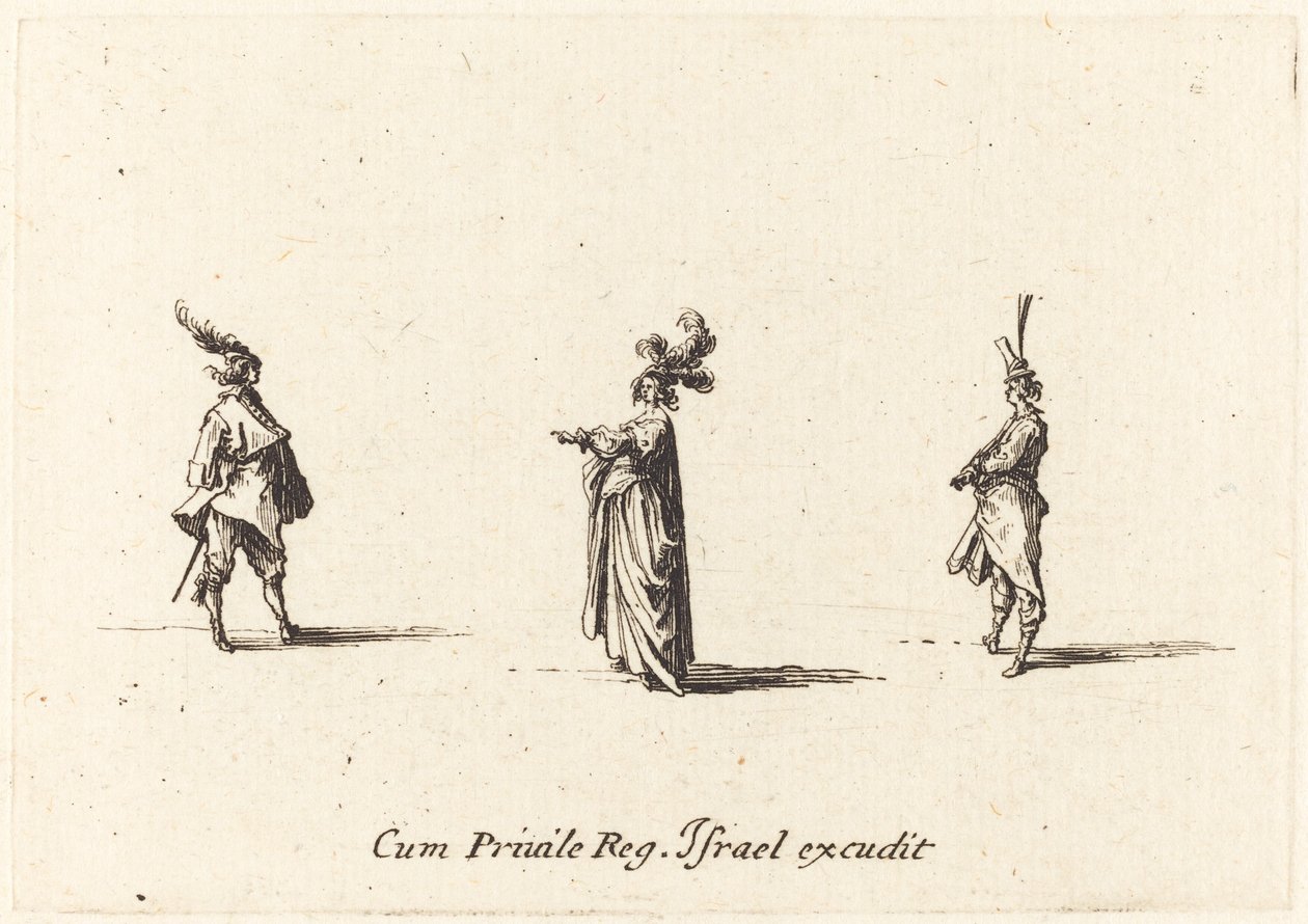 Dam med plymad hatt och två herrar, troligen 1634. av Jacques Callot