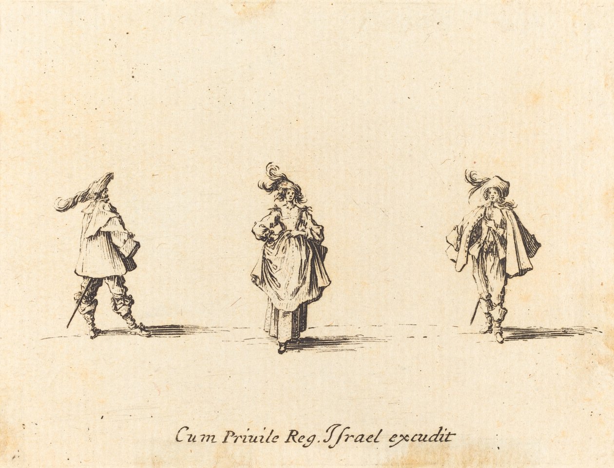 Dam med plymer och två herrar av Jacques Callot