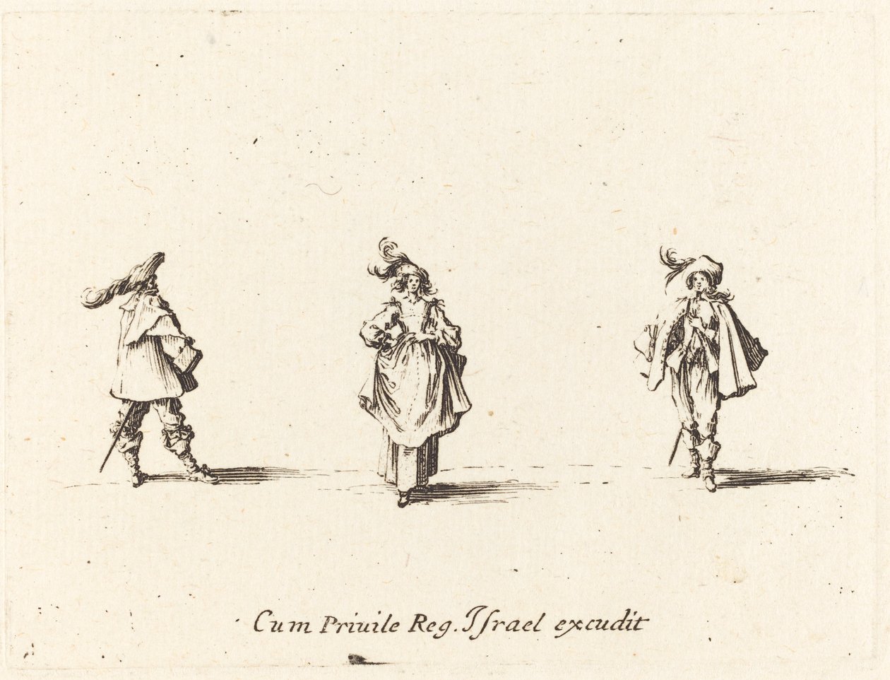 Dam med plymer och två herrar, troligen 1634. av Jacques Callot