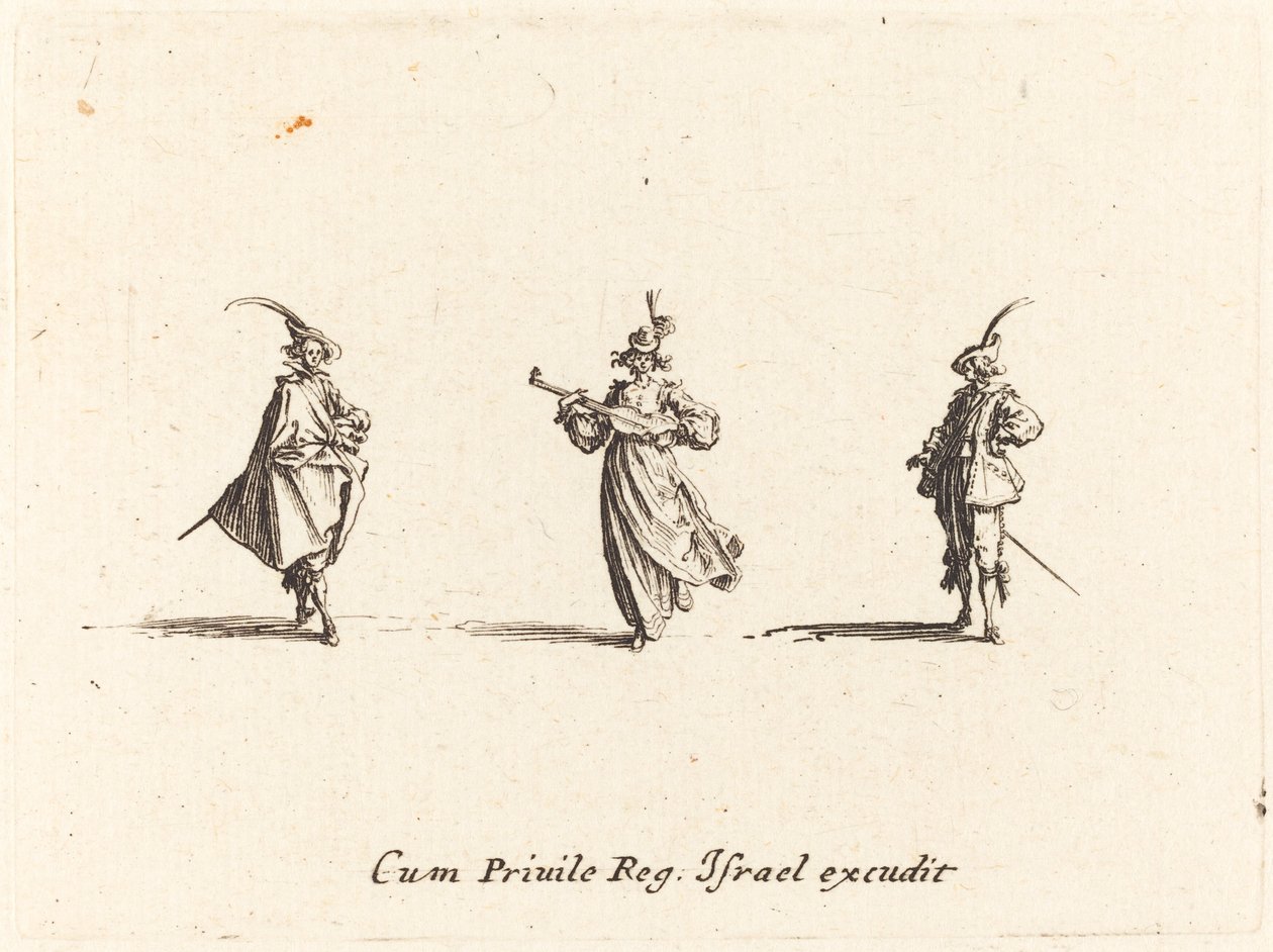 Dam med stråkinstrument och två herrar av Jacques Callot