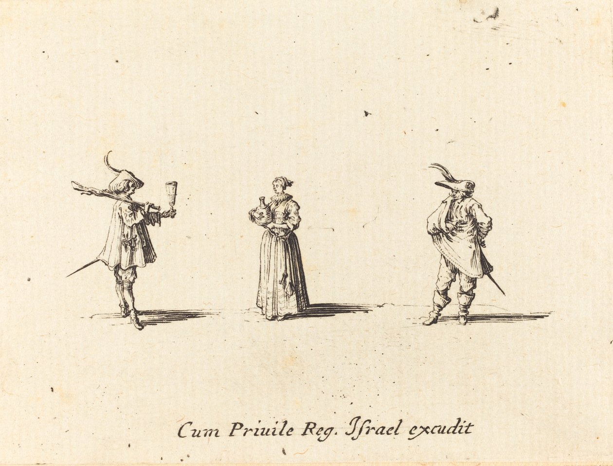 Dam med vinflaska och två herrar av Jacques Callot