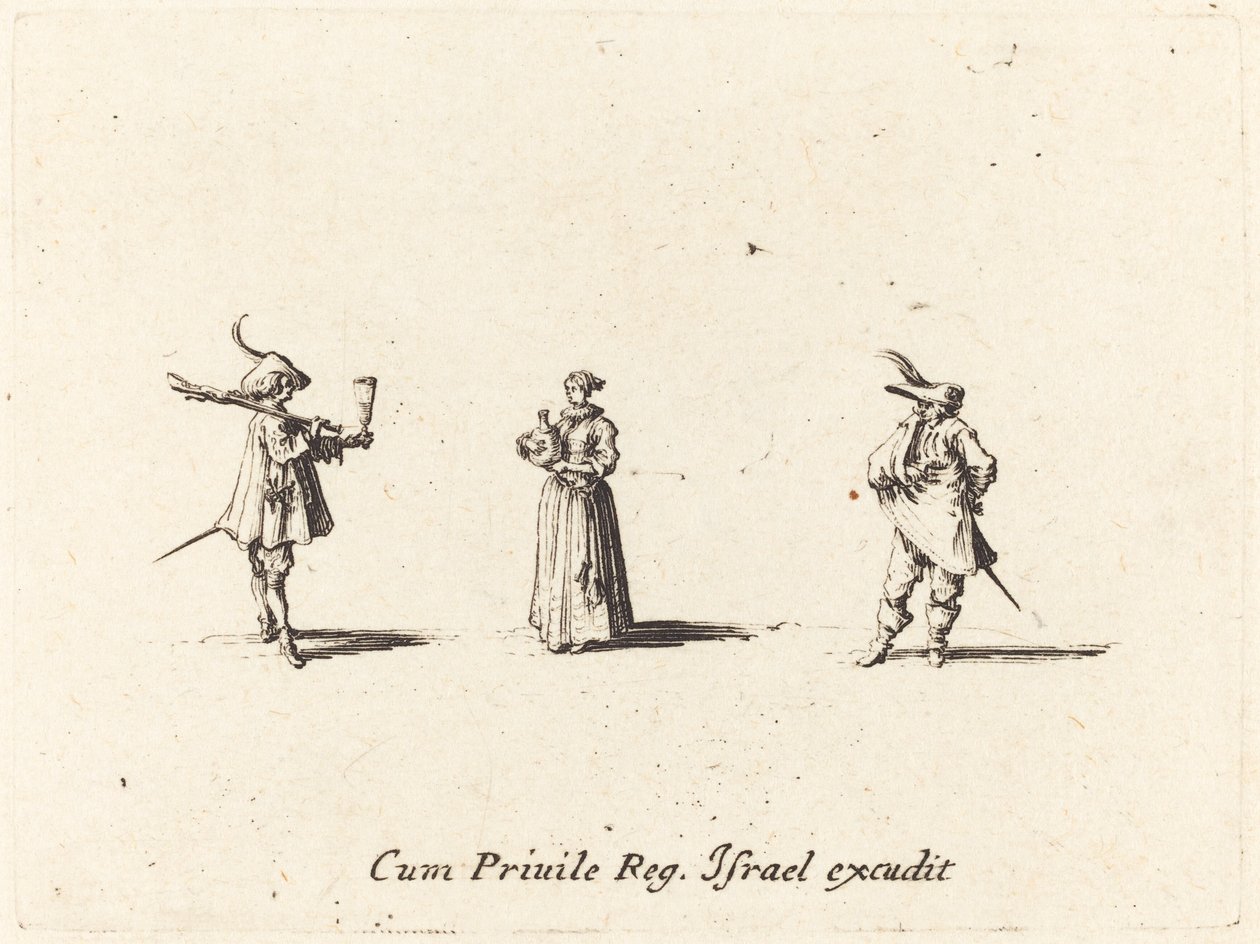 Dam med vinflaska och två herrar, troligen 1634. av Jacques Callot