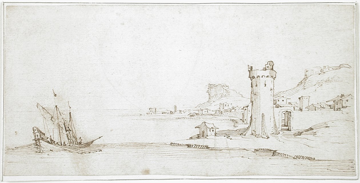 Landskap med torn och båt av Jacques Callot
