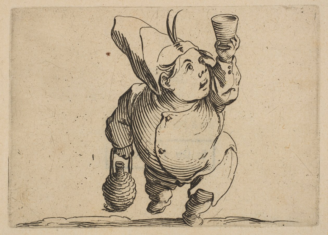 Le Beveur vu de Face Drickaren sett framifrån, från Varie Figure Gobbi, kostym..., 1616-22. av Jacques Callot