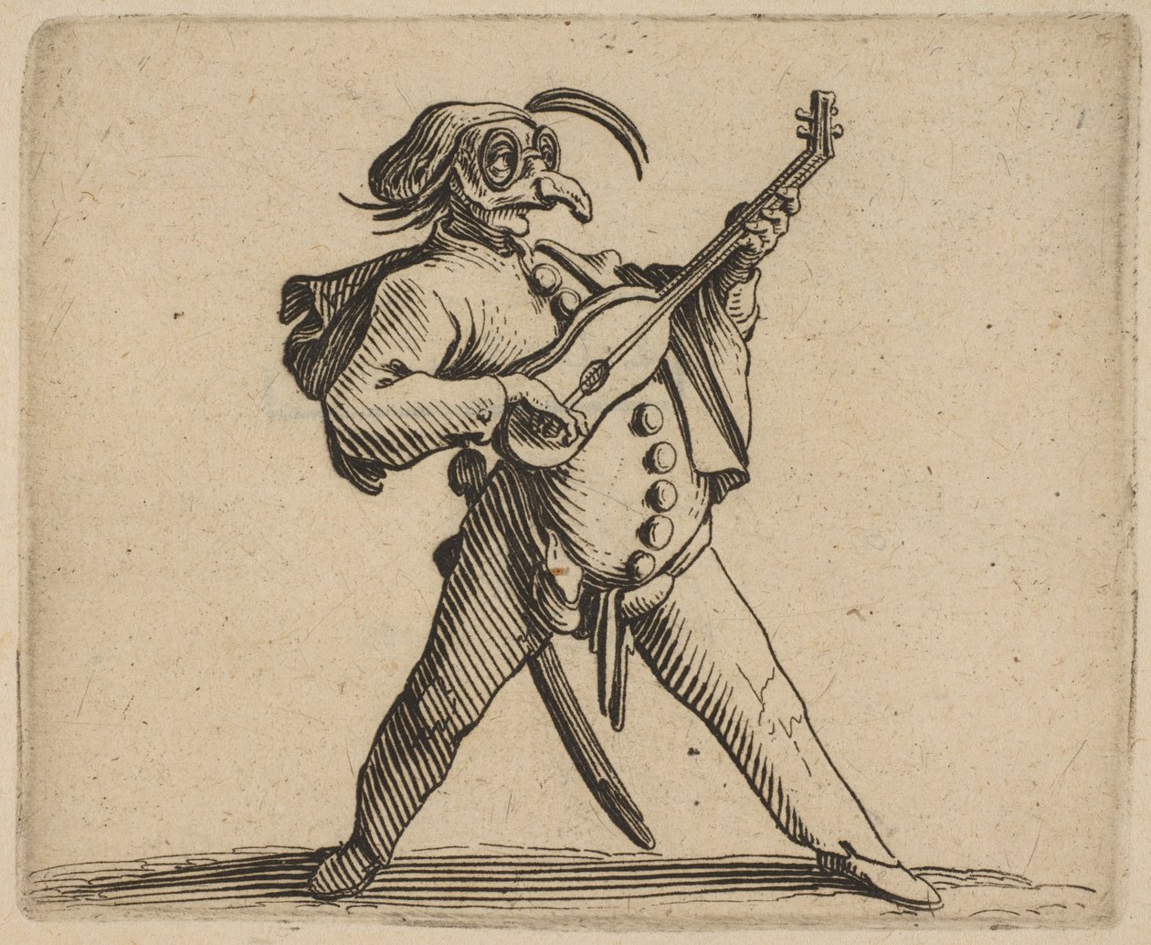 Den maskerade komikern som spelar gitarr, från ..., 1616-22. av Jacques Callot