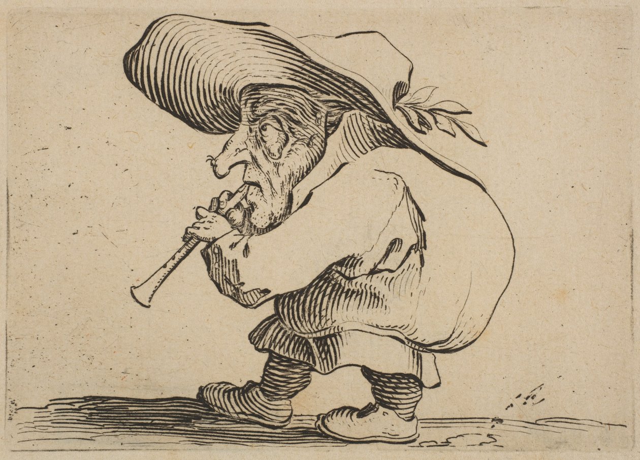 Le Joueur de Flageolet The Flageolet Player, från Varie Figure Gobbi, svit kallad a..., 1616-22. av Jacques Callot