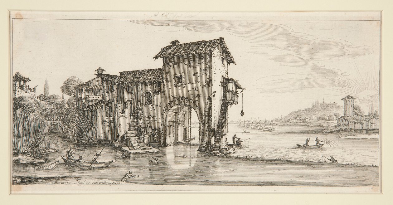 Le moulin a eau (Kvarnen på vattnet), från Landscapes for Giovanni de Medici av Jacques Callot