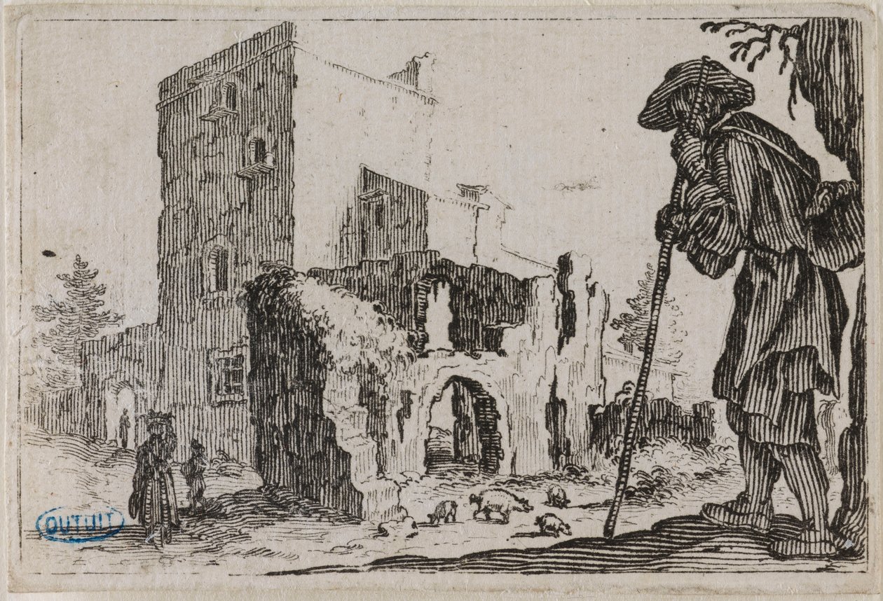 Nyckerna, Herden och ruinerna. Femte numret i serien om 50 gravyrer utförda i Nancy (Lieure 432, Meaume 777) av Jacques Callot