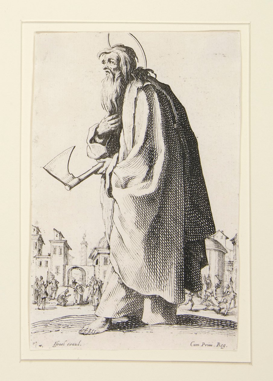 De stora apostlarna står, representerar Frälsaren, den välsignade och de heliga apostlarna Maria av Jacques Callot