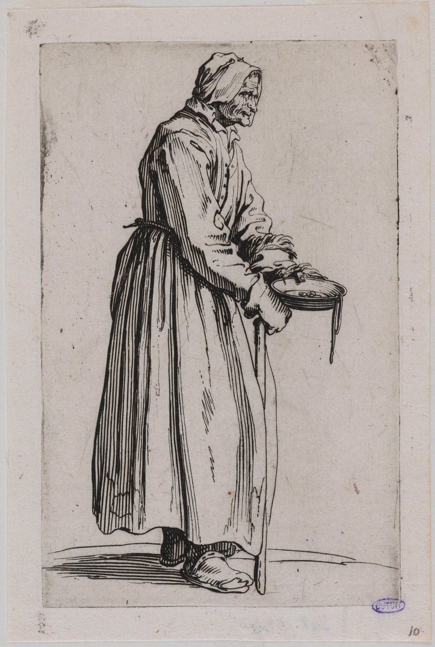 Tiggarna, tiggerskan med tiggarskålen. Tjugonde numret i en svit om 25 blad (Lieure 498, Meaume 704) av Jacques Callot