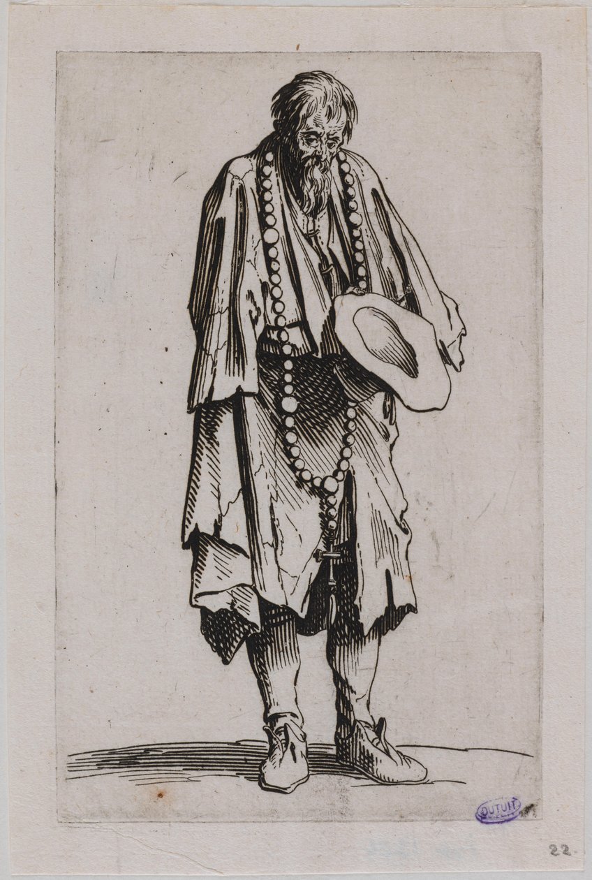 ”Les Gueux”, ”Tiggaren med radbandet”. Elfte stycket i en svit bestående av 25 stycken (Lieure 489, Meaume 695) av Jacques Callot