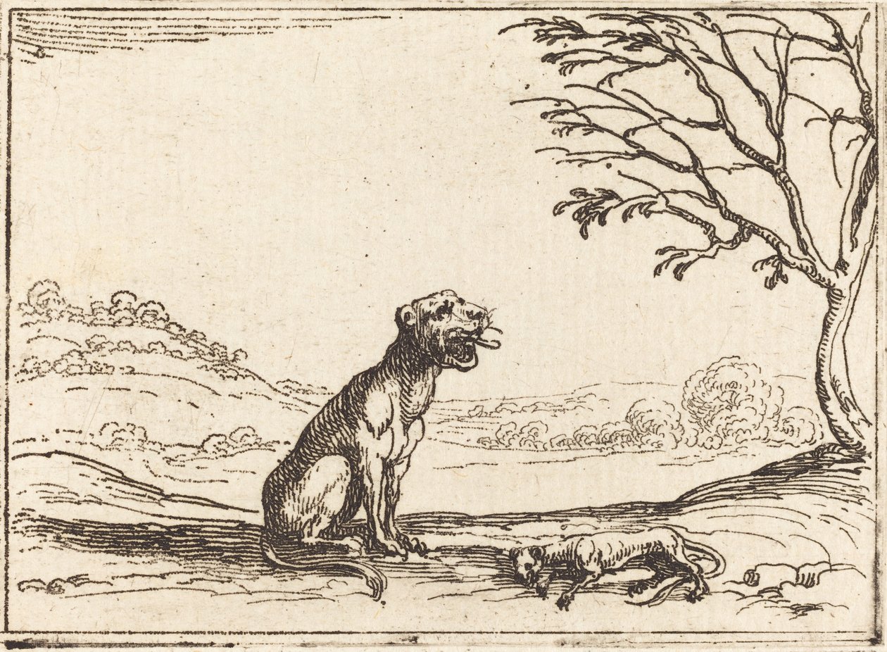 Lejoninna som sörjer sin unge. av Jacques Callot