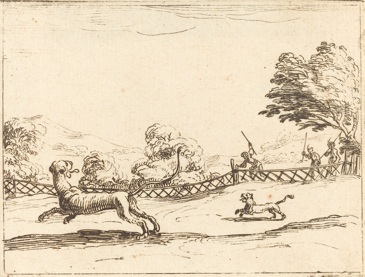 Lejoninna och unge förföljs av jägare av Jacques Callot