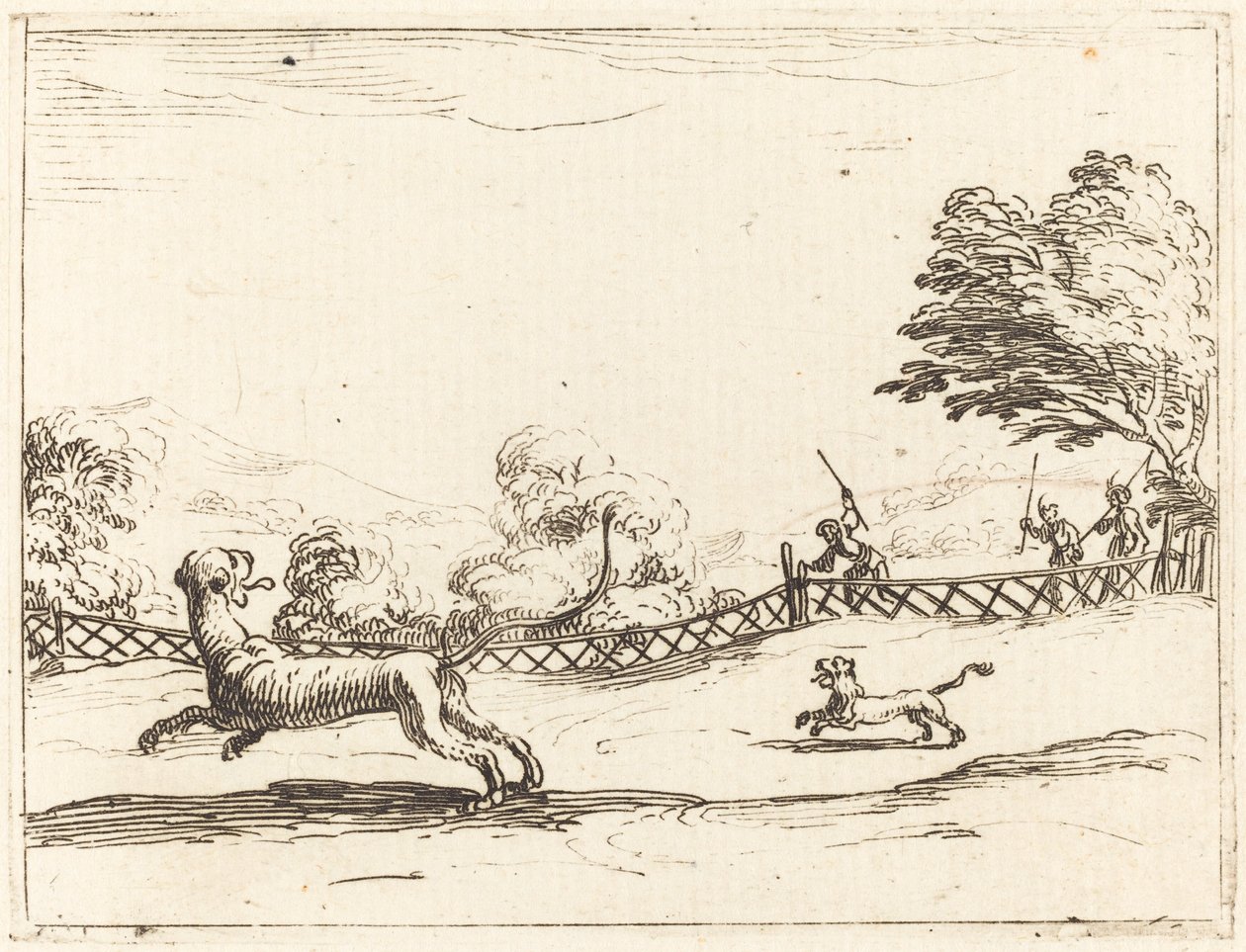 Lejoninna och unge förföljs av jägare av Jacques Callot
