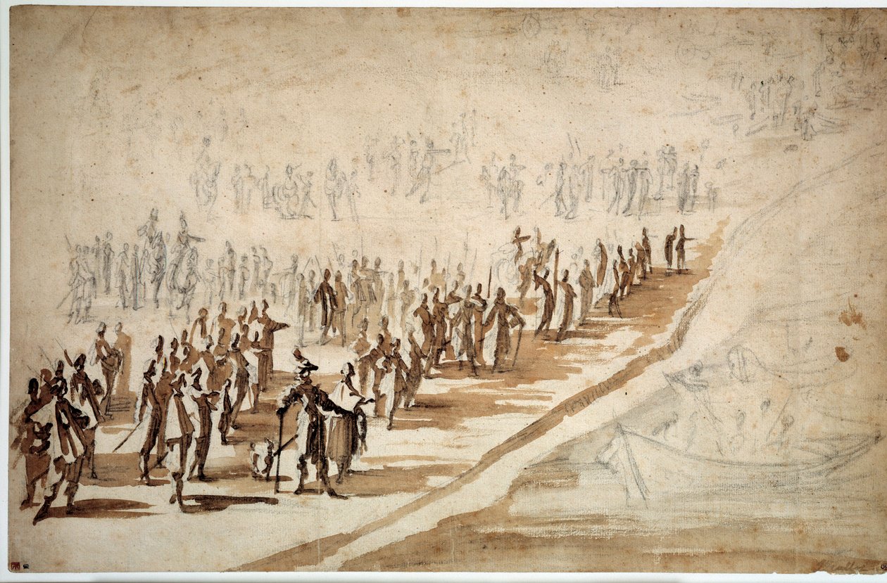 Ludvig XIII (1601-1643) och Richelieu (1585-1642) närvarade vid avdelningen för trupperna för Isle of Re. Teckning av Jacques Callot (1592-1635) av Jacques Callot