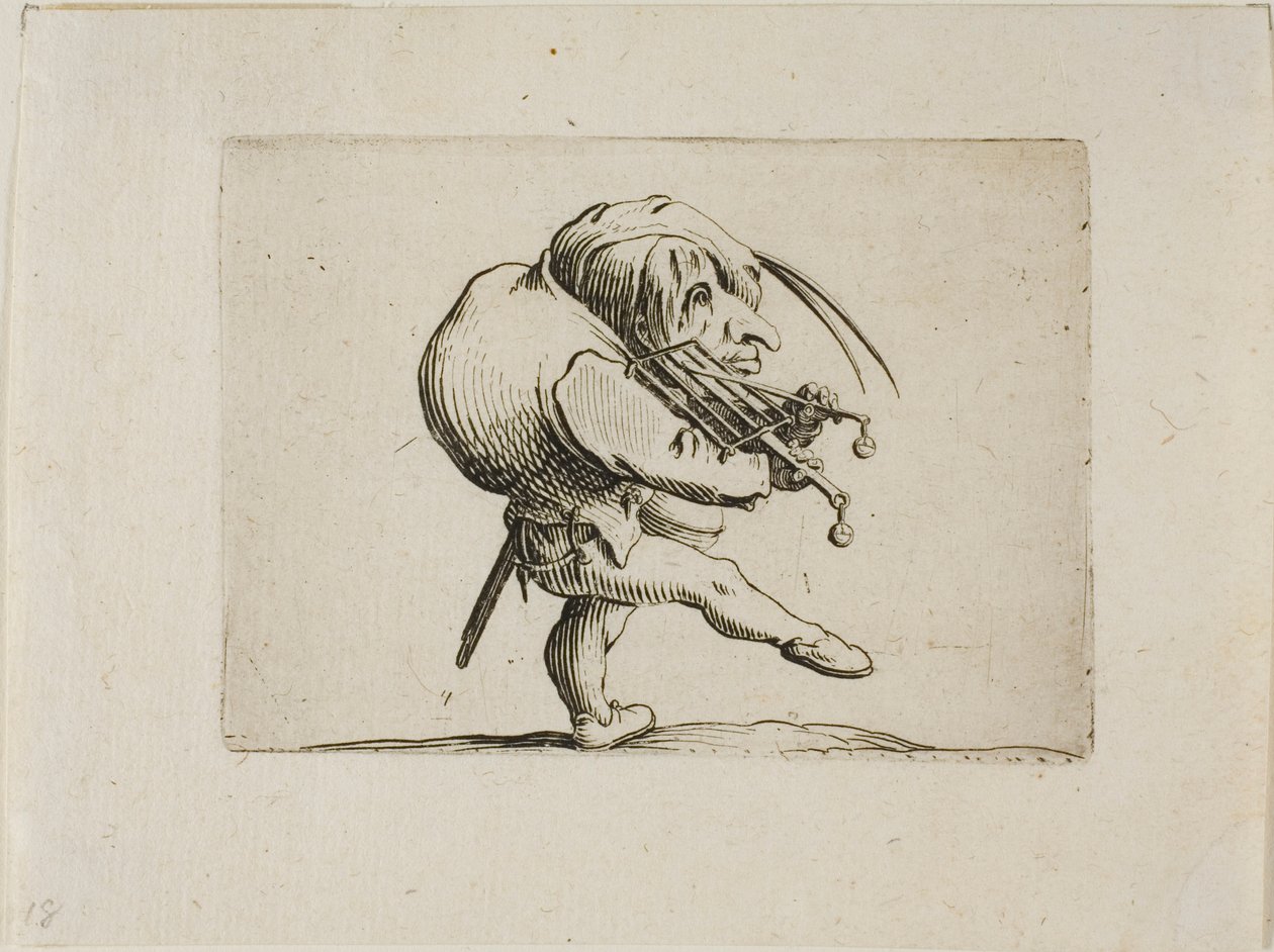 Man spelar en grill som fiol, från Varie Figure Gobbi av Jacques Callot