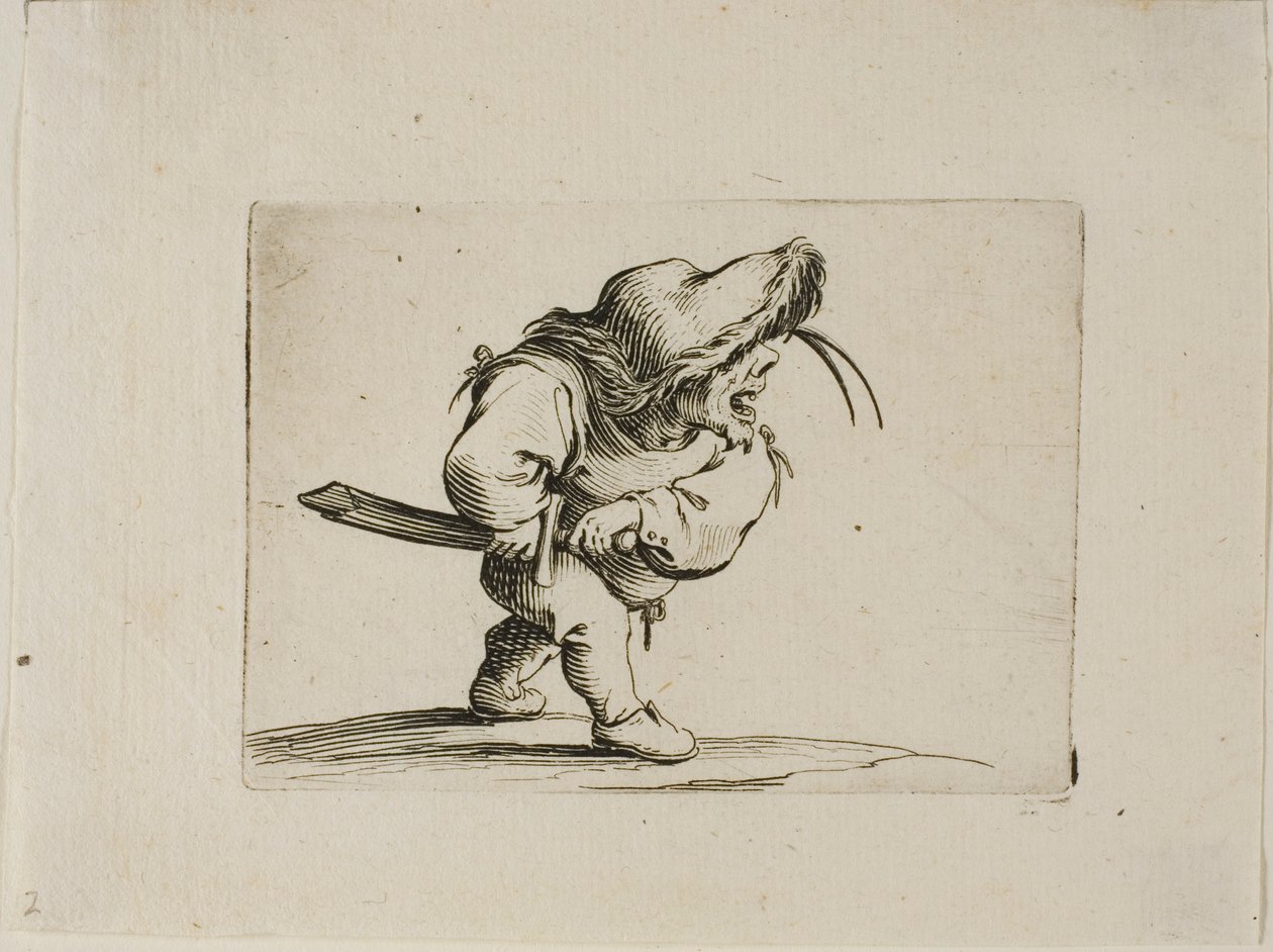 Man förbereder sig för att dra sitt svärd, från Varie Figure Gobbi av Jacques Callot