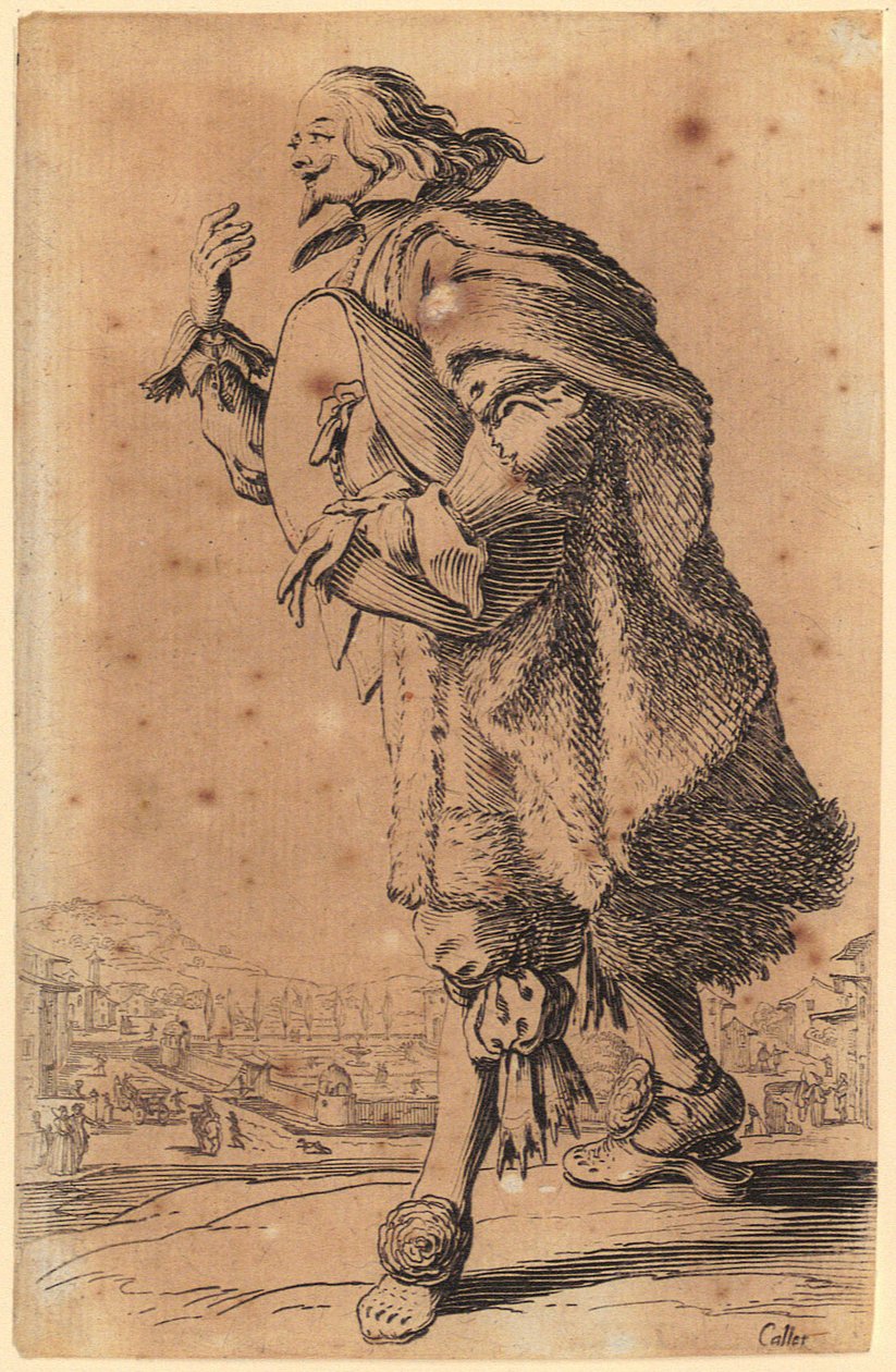 Mann streicht wie Geigenspieler über Grillrost, Blatt 19 der Folge "Die Zwerge" av Jacques Callot
