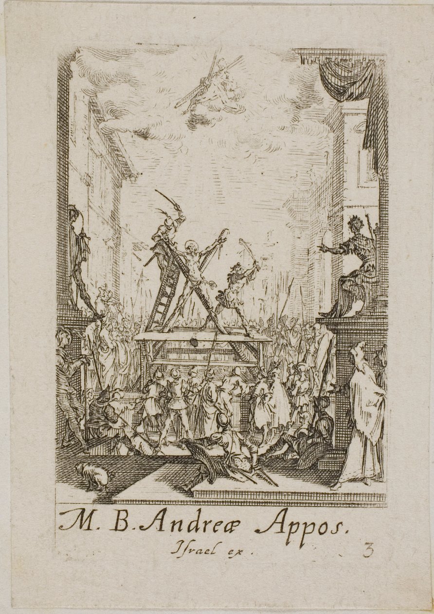 Sankt Andreas martyrdöd, plansch tre från Apostlarnas martyrdöd av Jacques Callot