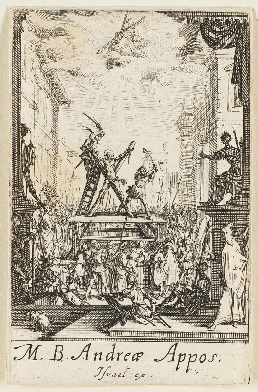 Sankt Andreas martyrdöd, plansch tre från Apostlarnas martyrdöd av Jacques Callot