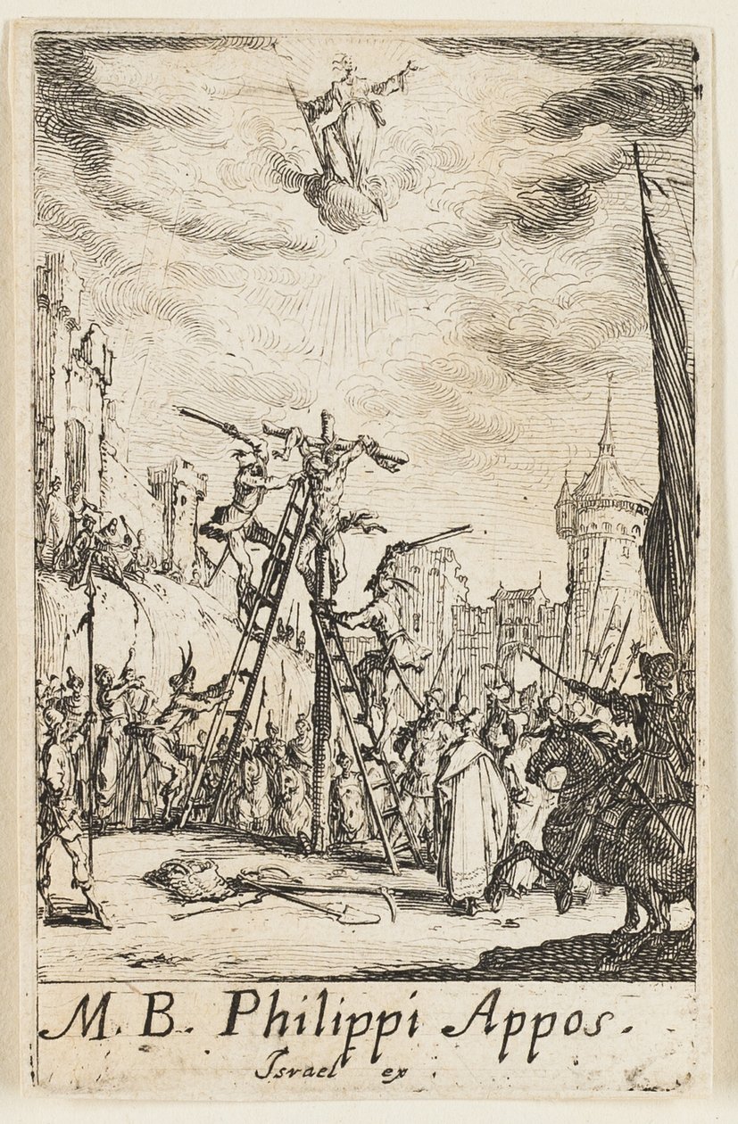 Sankt Filips martyrdöd, plansch åtta ur Apostlarnas martyrdöd av Jacques Callot