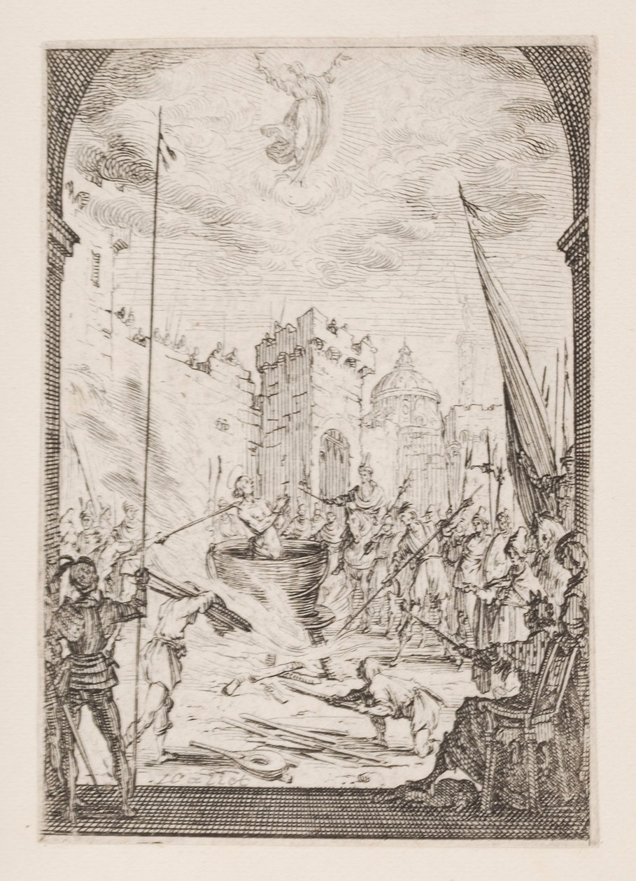 Johannes evangelistens martyrskap, nr. 2 från Apostlarnas martyrskap av Jacques Callot