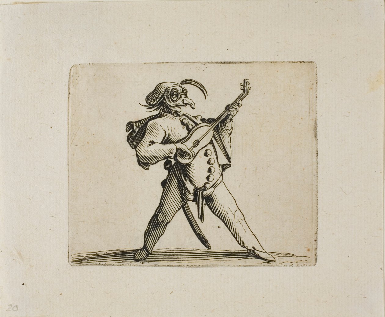 Maskerad komiker som spelar gitarr, från Varie Figure Gobbi av Jacques Callot