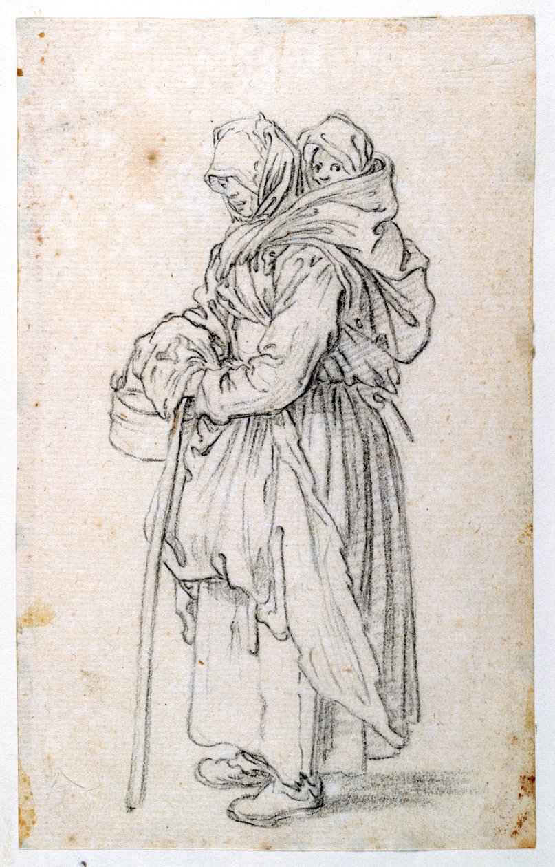 Mor och barn (svart krita på papper) av Jacques Callot