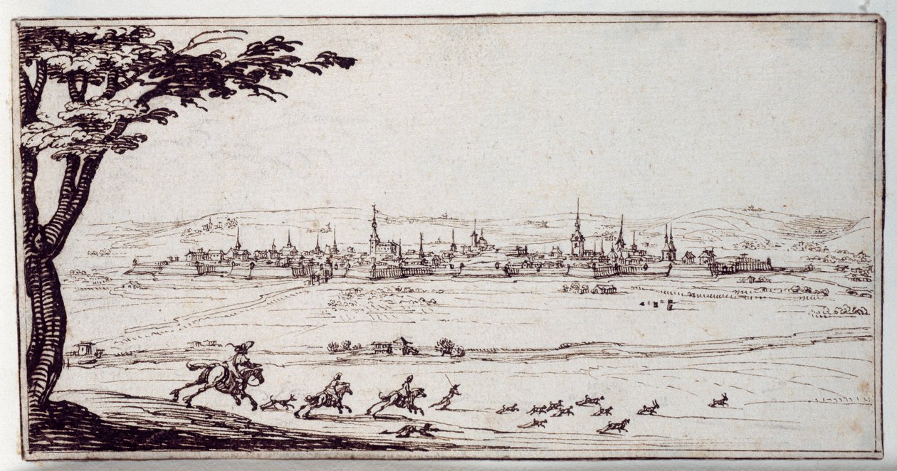 Nancy i fjärran: harrier som jagar en hare (penna och brunt bläck på papper) av Jacques Callot